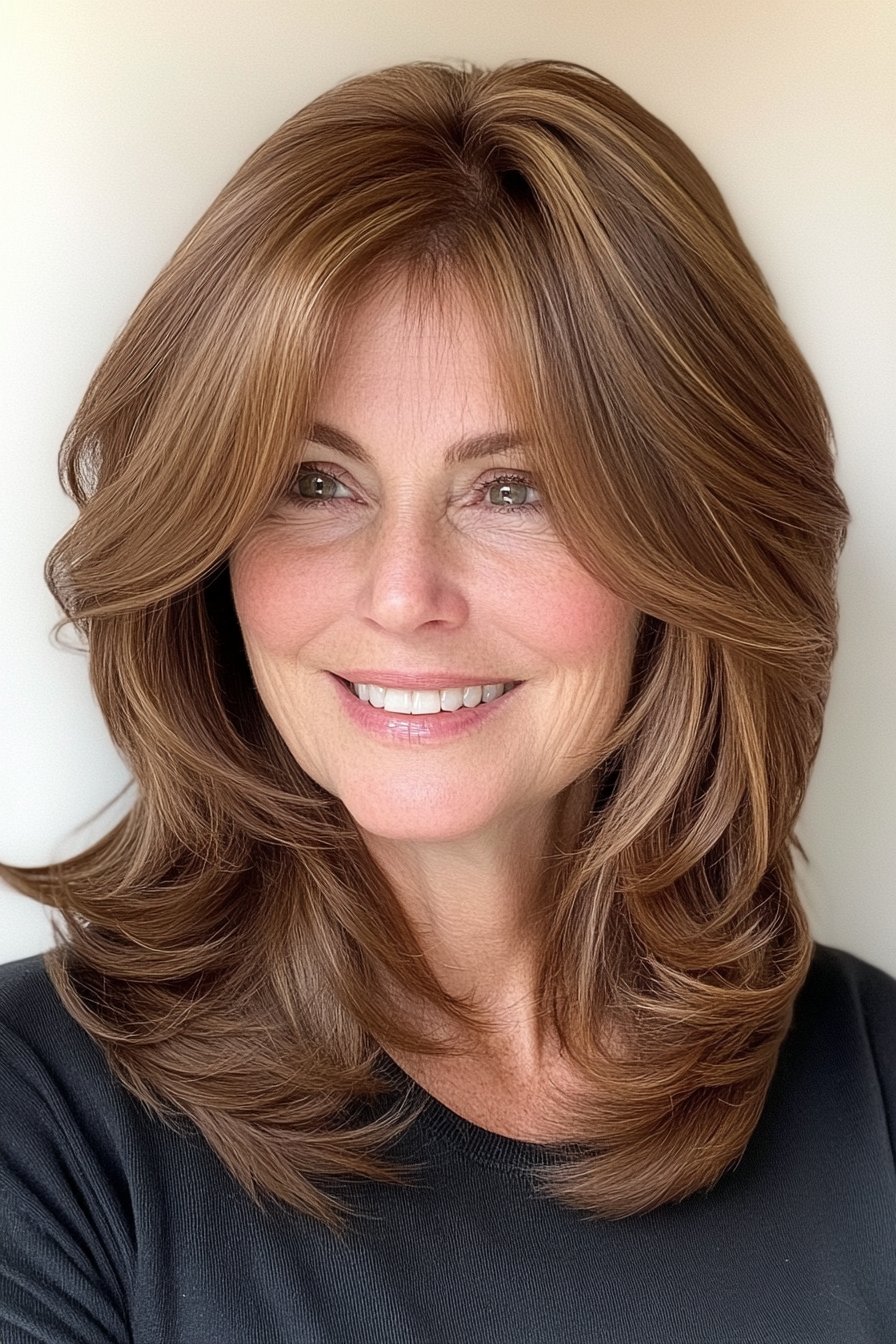 13. Layered Midi with Curtain Bangs in Chestnut Brown (Medium Length Haircuts For Women Over 60) - Medium Length Haircuts For Women Over 60