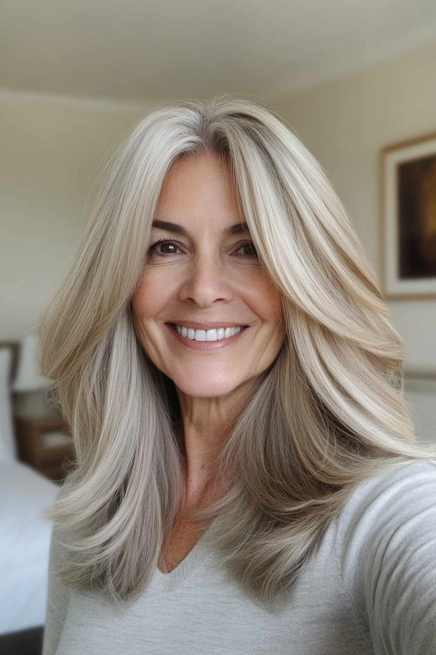 18. Wispy Layers in Warm Beige Blonde (Medium Length Haircuts For Women Over 60) - Medium Length Haircuts For Women Over 60