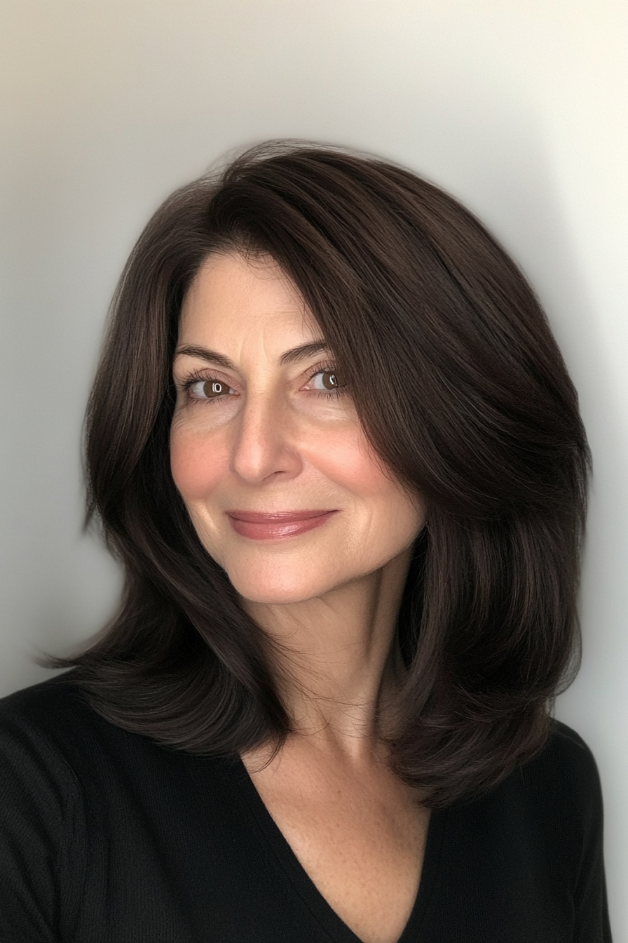 21. Sleek Shoulder-Length in Dark Mahogany (Medium Length Haircuts For Women Over 60) - Medium Length Haircuts For Women Over 60
