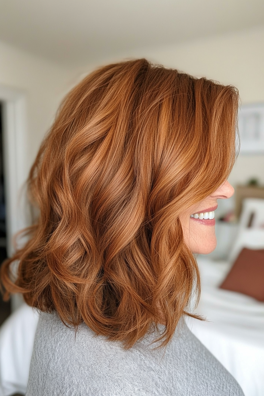 22. Tousled Midi Cut in Warm Cinnamon Brown (Medium Length Haircuts For Women Over 60) - Medium Length Haircuts For Women Over 60