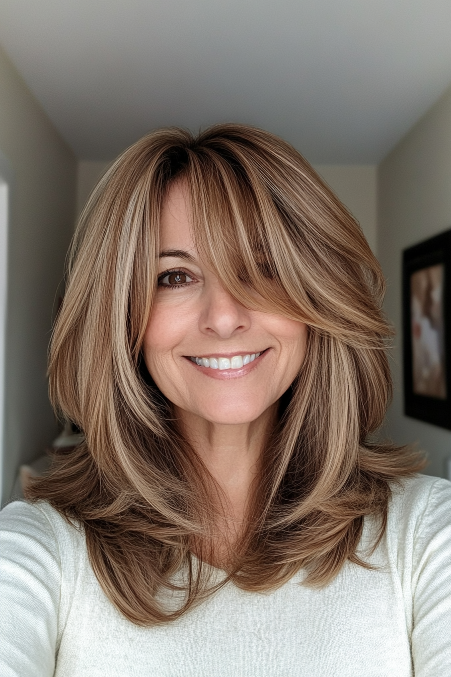 23. Layered Cut with Soft Bangs in Honey Brown (Medium Length Haircuts For Women Over 60) - Medium Length Haircuts For Women Over 60