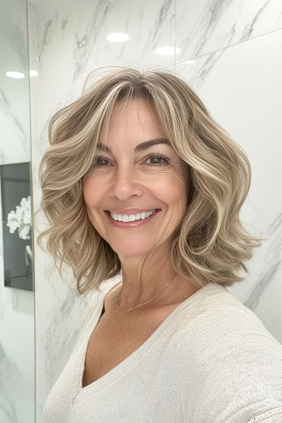 25. Soft Wavy Lob in Light Caramel (Medium Length Haircuts For Women Over 60) - Medium Length Haircuts For Women Over 60