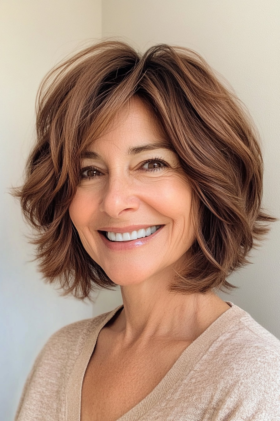27. Layered Bob with Volume in Medium Brown (Medium Length Haircuts For Women Over 60) - Medium Length Haircuts For Women Over 60