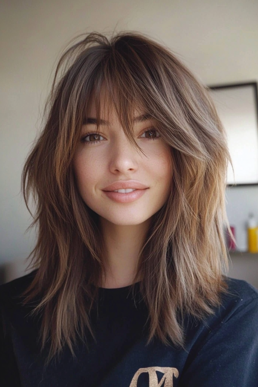 20. Shaggy Layers with Medium Brown (Medium Length Hairstyles With Bangs) - Medium Length Hairstyles With Bangs