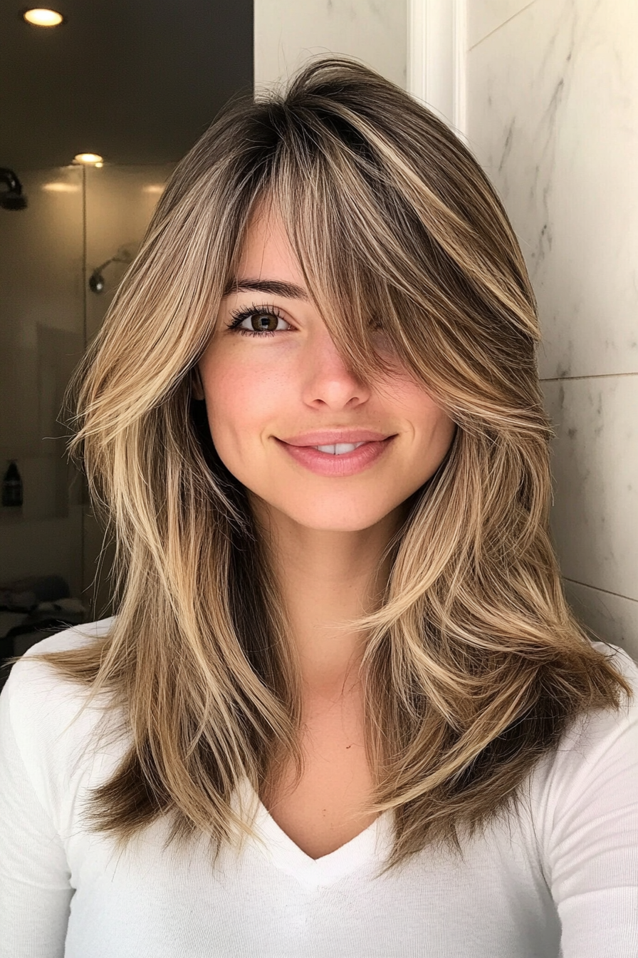21. Long Layers with Dark Blonde (Medium Length Hairstyles With Bangs) - Medium Length Hairstyles With Bangs