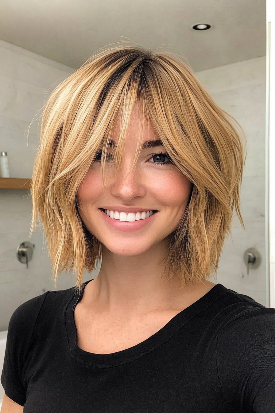 23. Piecey Bob with Golden Blonde (Medium Length Hairstyles With Bangs) - Medium Length Hairstyles With Bangs