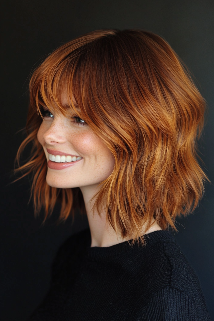 25. Textured Bob with Warm Copper (Medium Length Hairstyles With Bangs) - Medium Length Hairstyles With Bangs