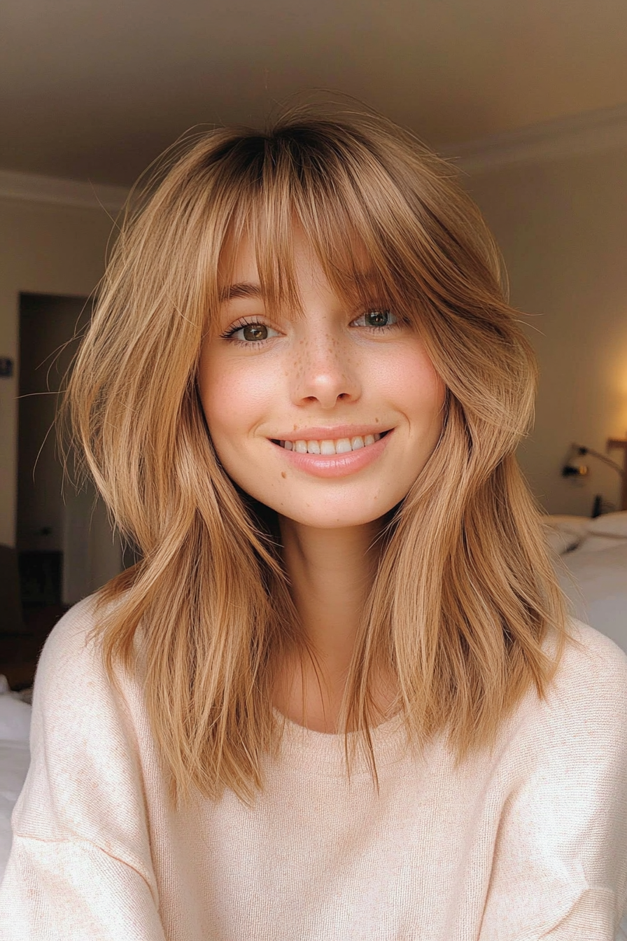 26. Flicked Ends with Light Brown (Medium Length Hairstyles With Bangs) - Medium Length Hairstyles With Bangs