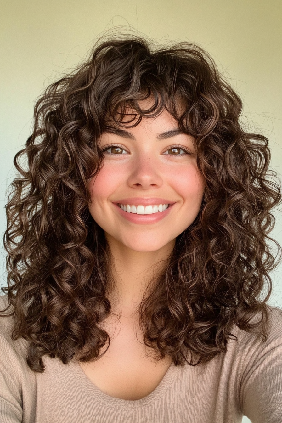 27. Voluminous Curls with Rich Brunette (Medium Length Hairstyles With Bangs) - Medium Length Hairstyles With Bangs