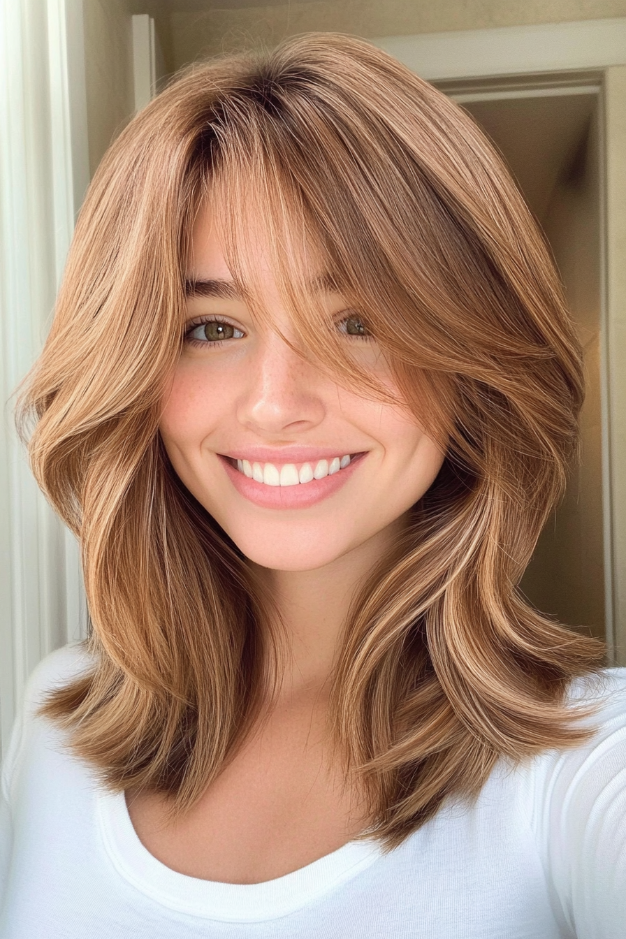 1. Soft Layered Lob with Warm Chestnut (Medium Length Hairstyles With Bangs) - Medium Length Hairstyles With Bangs