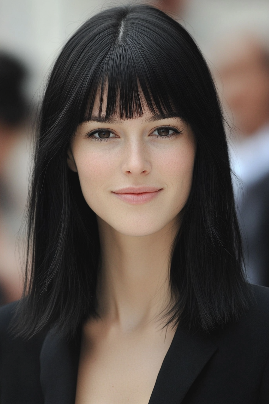 2. Blunt Cut with Jet Black Elegance (Medium Length Hairstyles With Bangs) - Medium Length Hairstyles With Bangs