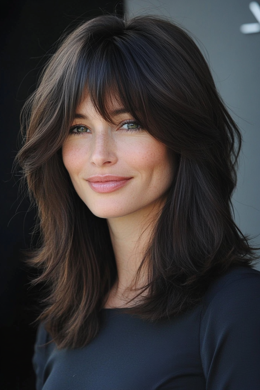 3. Feathered Shag with Dark Chocolate (Medium Length Hairstyles With Bangs) - Medium Length Hairstyles With Bangs