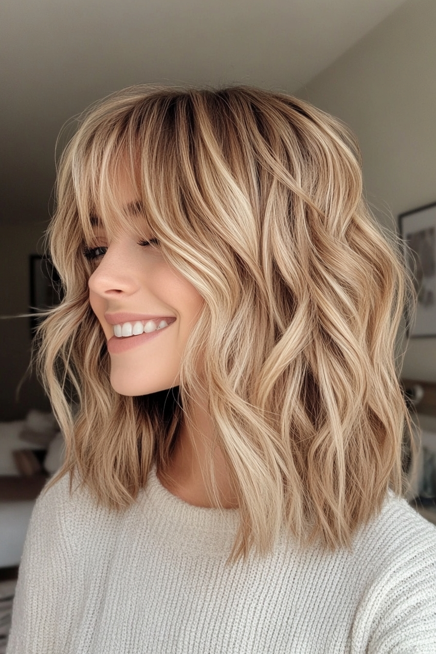 4. Wavy Lob with Honey Blonde (Medium Length Hairstyles With Bangs) - Medium Length Hairstyles With Bangs