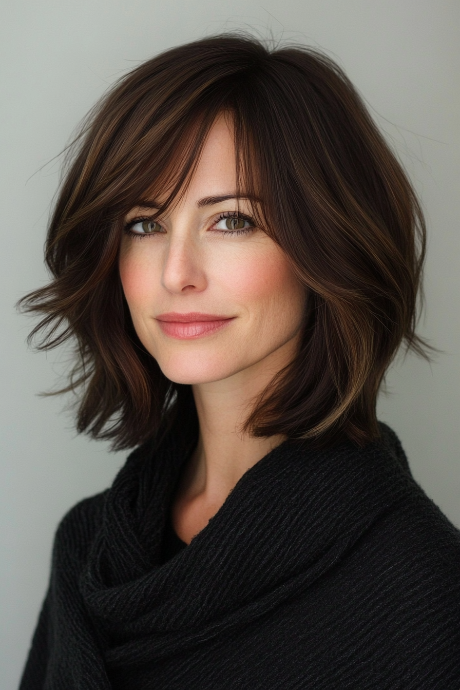 6. Classic Bob with Warm Brunette (Medium Length Hairstyles With Bangs) - Medium Length Hairstyles With Bangs