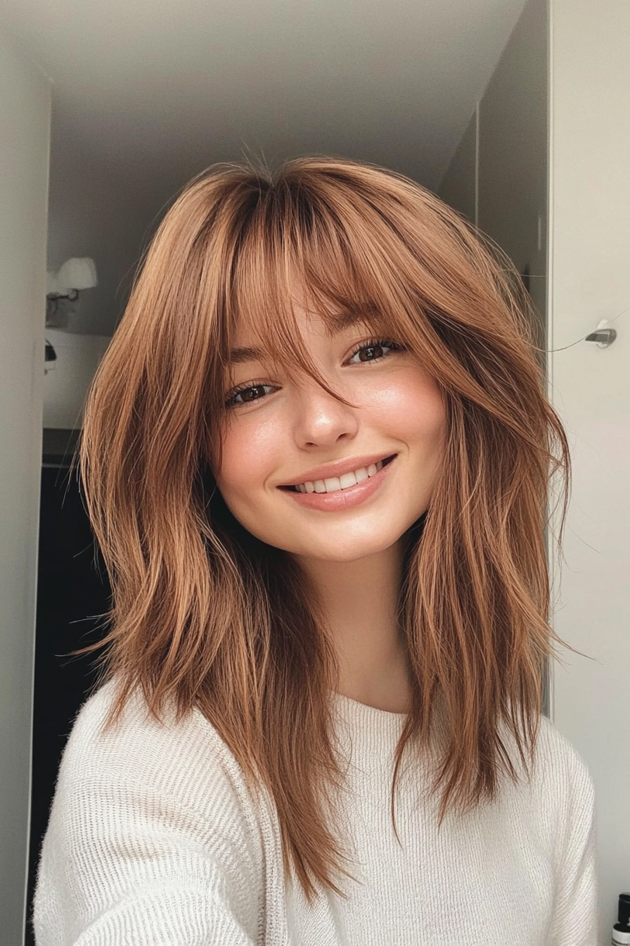 7. Choppy Ends with Auburn Flair (Medium Length Hairstyles With Bangs) - Medium Length Hairstyles With Bangs