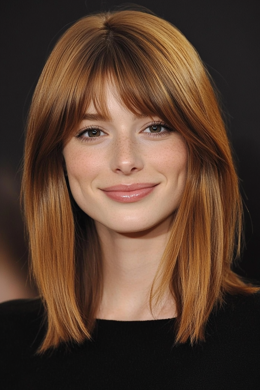 8. Straight Lob with Golden Brown (Medium Length Hairstyles With Bangs) - Medium Length Hairstyles With Bangs
