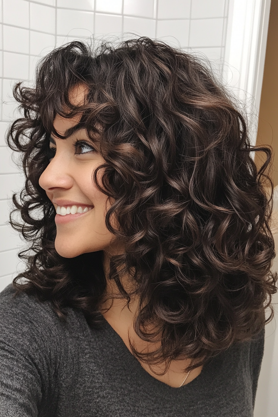 9. Curly Shag with Dark Mahogany (Medium Length Hairstyles With Bangs) - Medium Length Hairstyles With Bangs