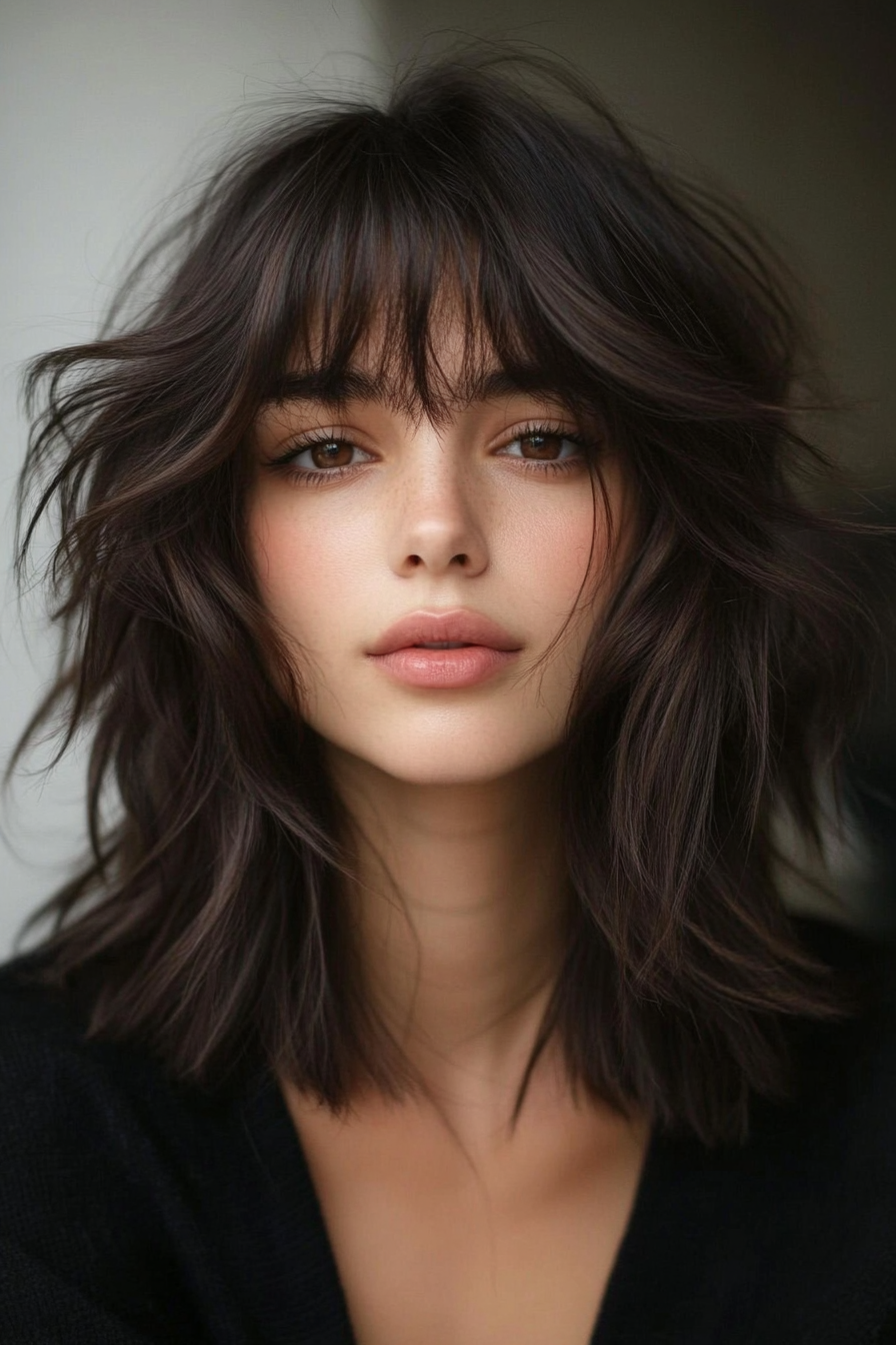 10. Asymmetrical Lob with Espresso Brown (Medium Length Hairstyles With Bangs) - Medium Length Hairstyles With Bangs