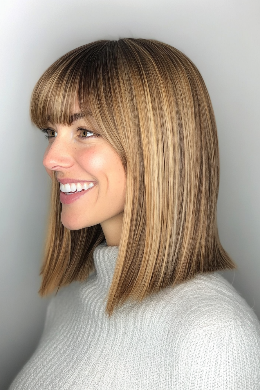 12. Angled Bob with Caramel Highlights (Medium Length Hairstyles With Bangs) - Medium Length Hairstyles With Bangs