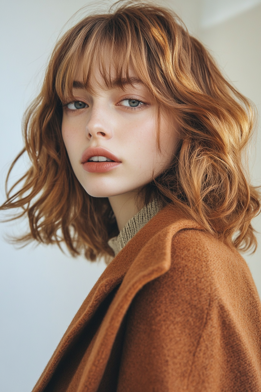 13. Layered Waves with Cinnamon Brown (Medium Length Hairstyles With Bangs) - Medium Length Hairstyles With Bangs