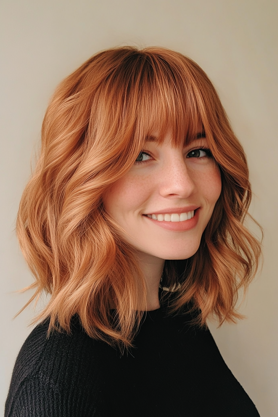 15. Long Bob with Copper Tint (Medium Length Hairstyles With Bangs) - Medium Length Hairstyles With Bangs