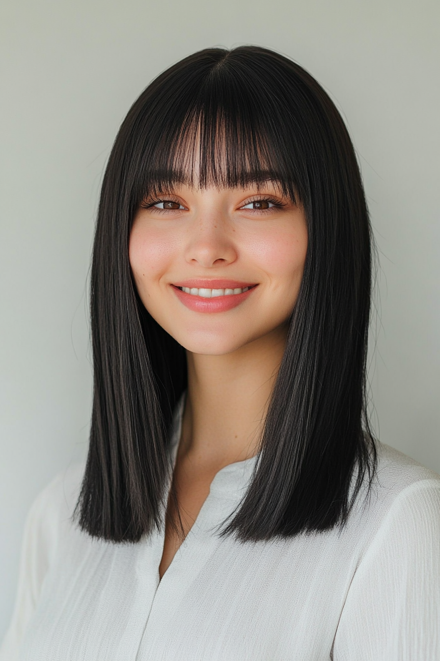 16. Sleek Straight Cut with Natural Black (Medium Length Hairstyles With Bangs) - Medium Length Hairstyles With Bangs
