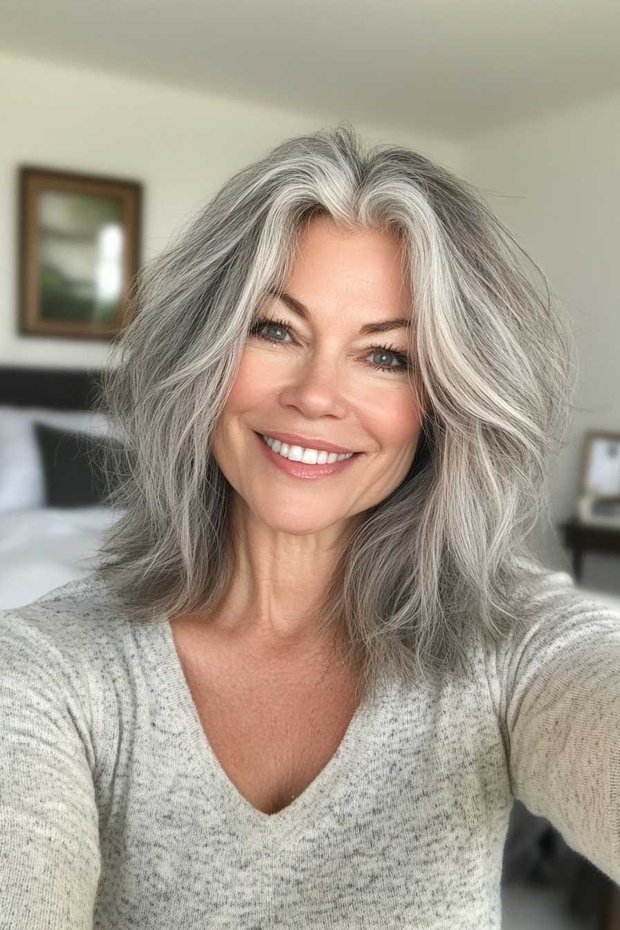 2. Soft Layered Shag in Salt-and-Pepper (Shaggy Haircuts For Women Over 50) - Shaggy Haircuts For Women Over 50