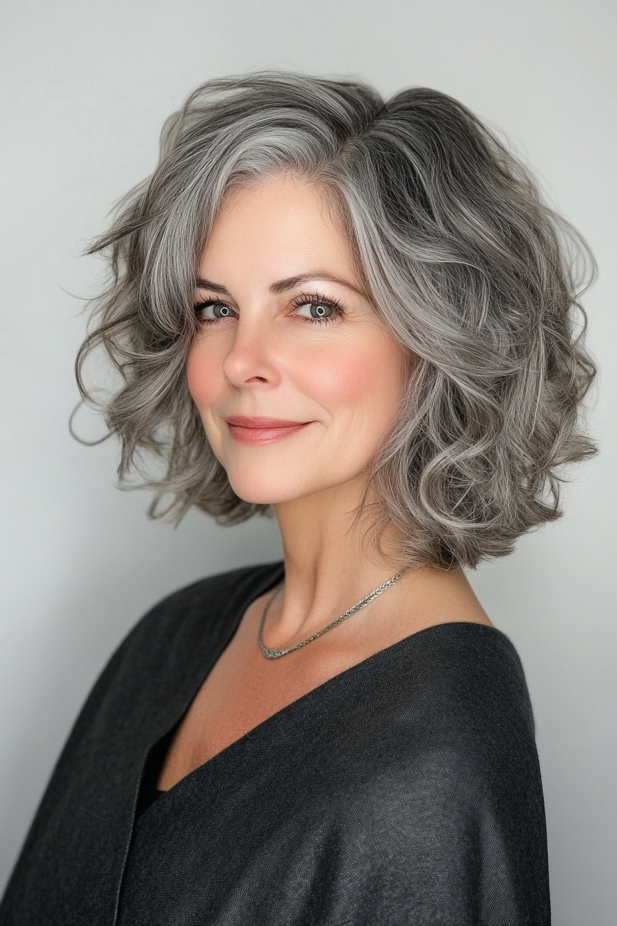 5. Curly Shag in Silver Gray (Shaggy Haircuts For Women Over 50) - Shaggy Haircuts For Women Over 50