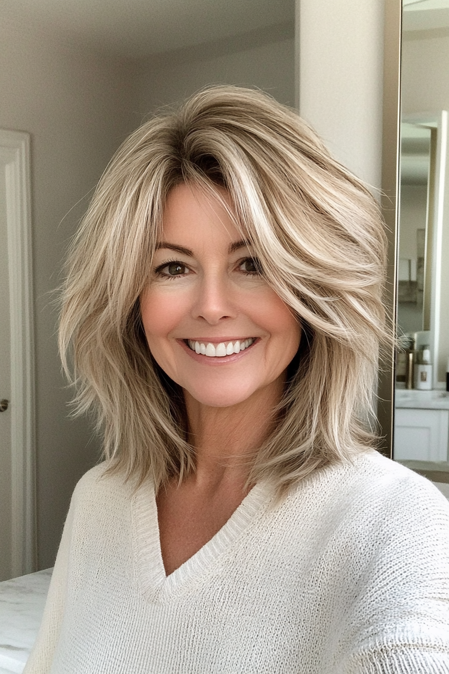 8. Feathered Shag with Sandy Blonde (Shaggy Haircuts For Women Over 50) - Shaggy Haircuts For Women Over 50