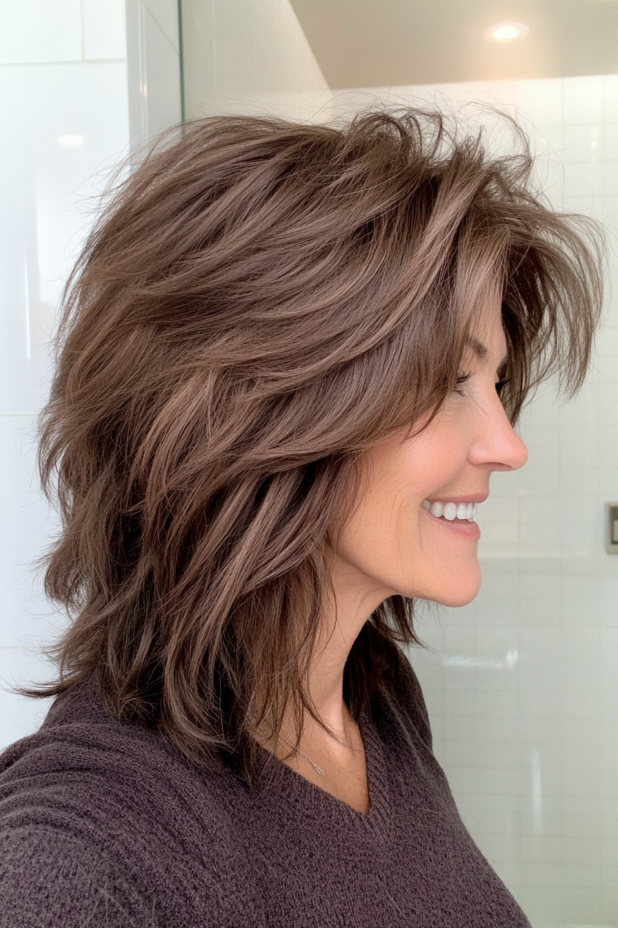 9. Textured Shag with Espresso Brown (Shaggy Haircuts For Women Over 50) - Shaggy Haircuts For Women Over 50