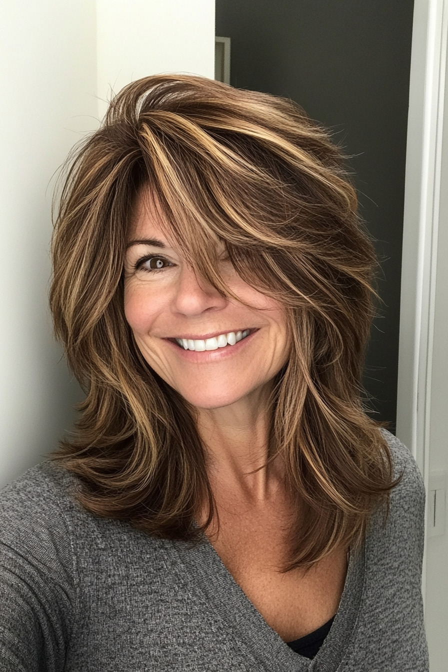 12. Layered Shag with Caramel Highlights (Shaggy Haircuts For Women Over 50) - Shaggy Haircuts For Women Over 50