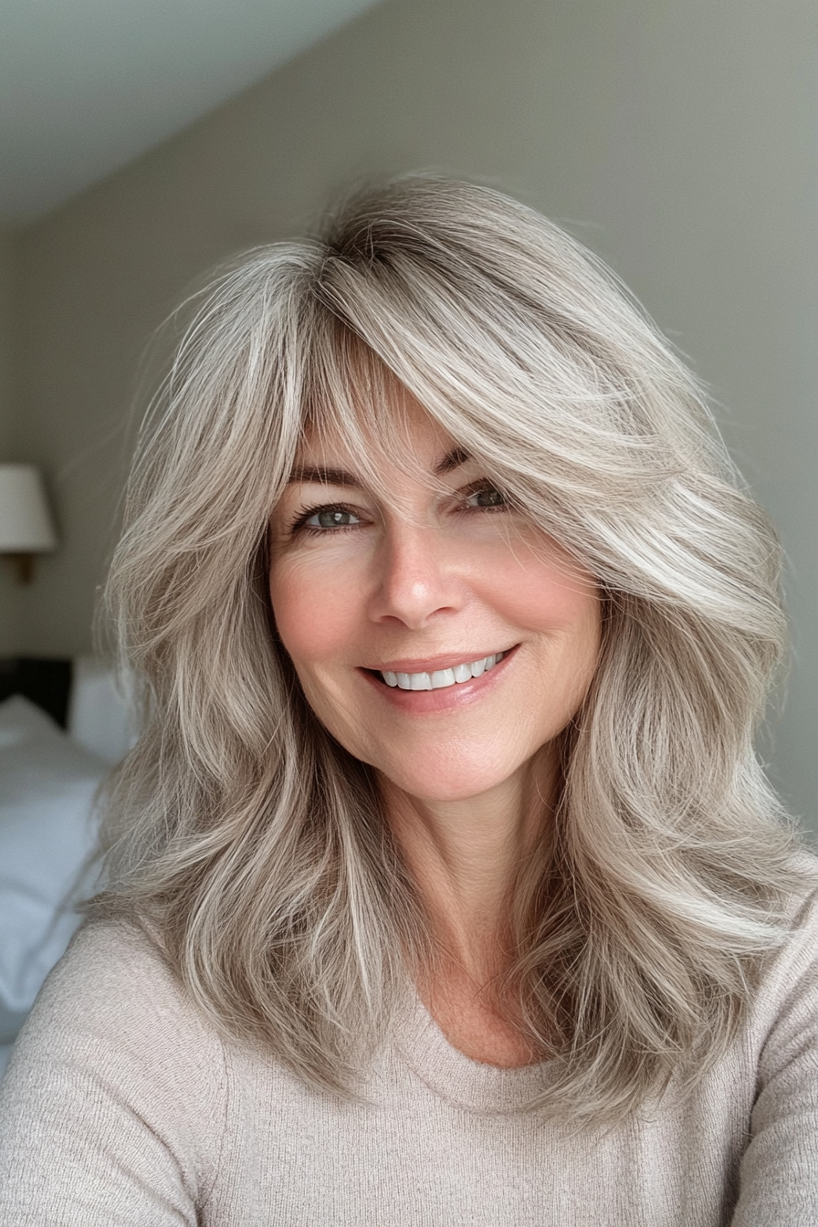 16. Curtain Bangs Shag in Warm Beige (Shaggy Haircuts For Women Over 50) - Shaggy Haircuts For Women Over 50