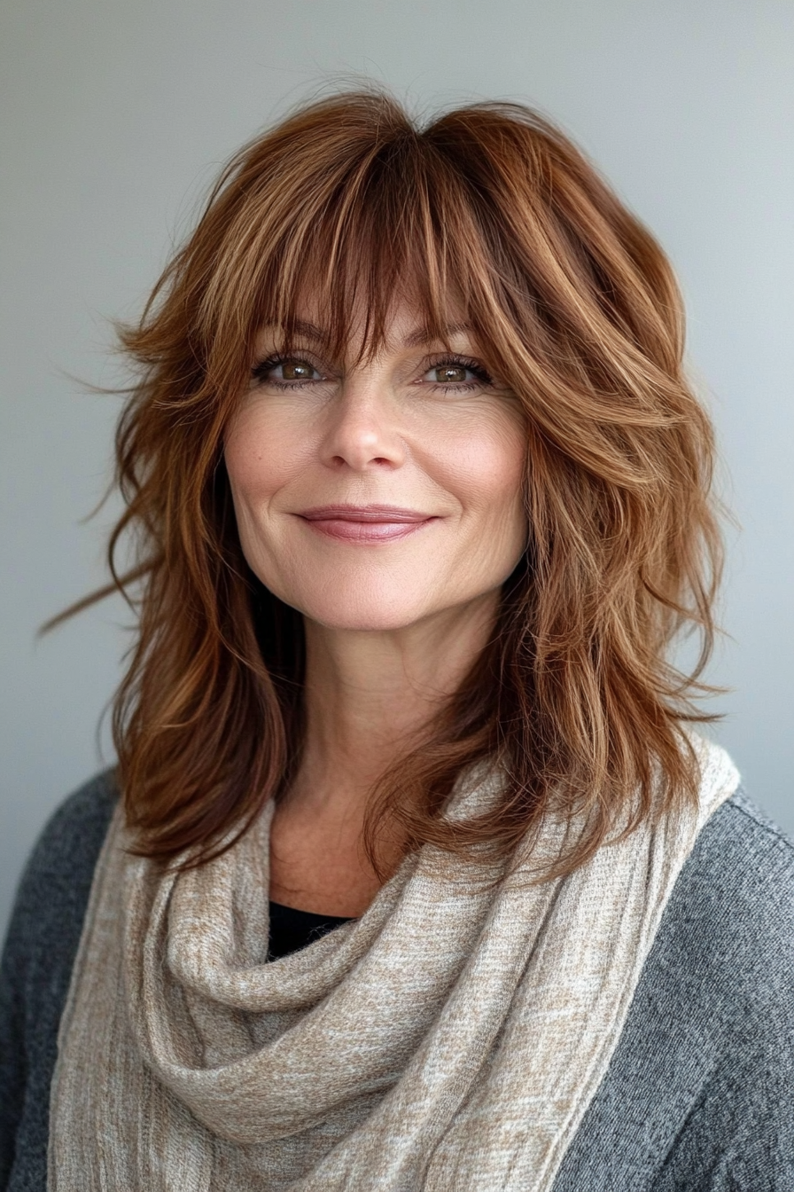 18. Long Curtain Shag with Cinnamon Brown (Shaggy Haircuts For Women Over 50) - Shaggy Haircuts For Women Over 50