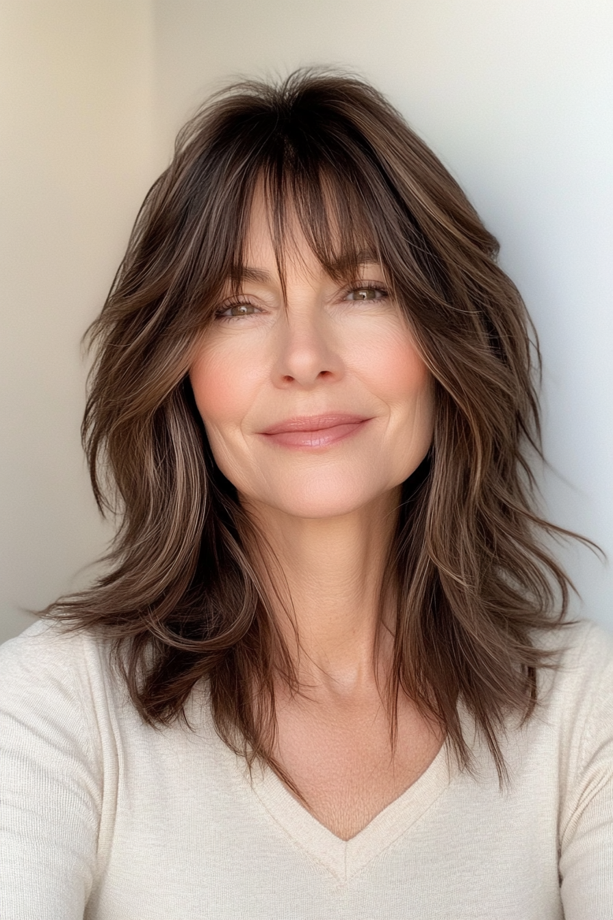 25. Full Bangs Shag in Warm Brunette (Shaggy Haircuts For Women Over 50) - Shaggy Haircuts For Women Over 50