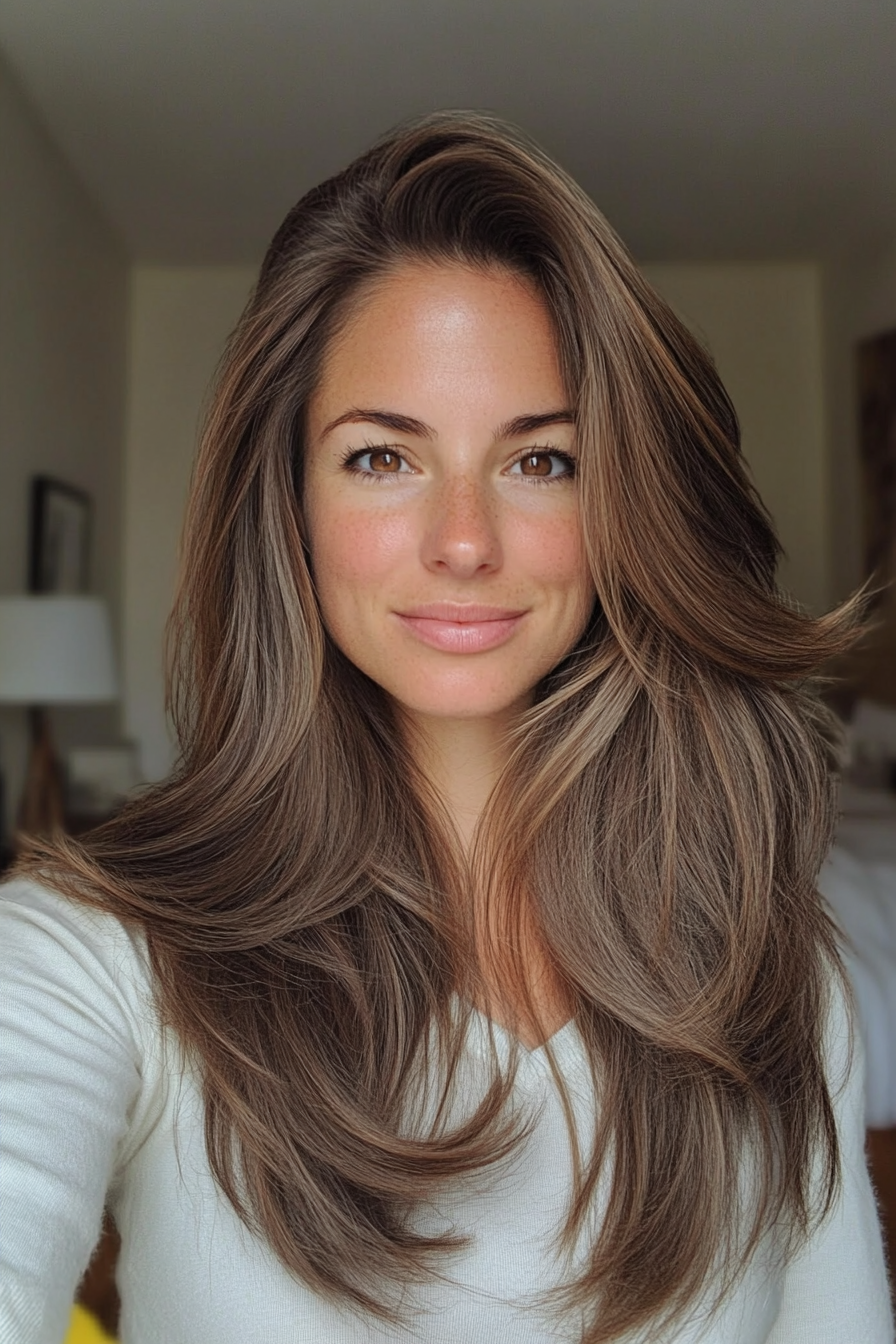 1. Soft Feathered Layers in Ash Brown (Layered Hairstyles For Thin Hair) - Layered Hairstyles For Thin Hair