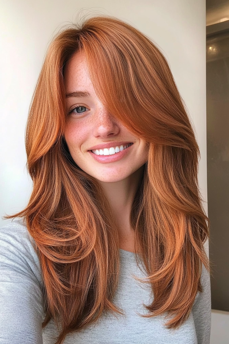 2. Curtain Bangs with Chestnut Layers (Layered Hairstyles For Thin Hair) - Layered Hairstyles For Thin Hair