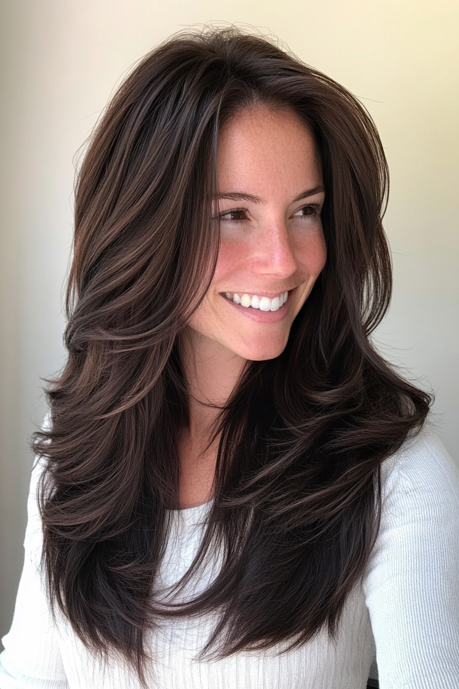 4. Long Shag with Dark Chocolate Layers (Layered Hairstyles For Thin Hair) - Layered Hairstyles For Thin Hair