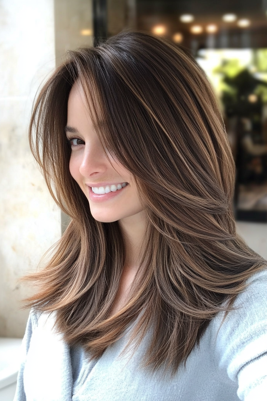 14. Layered Lob with Sunlit Brunette (Layered Hairstyles For Thin Hair) - Layered Hairstyles For Thin Hair