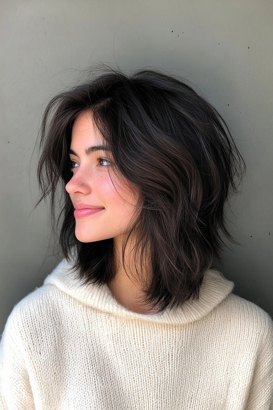 20. Shaggy Lob in Natural Black (Layered Hairstyles For Thin Hair) - Layered Hairstyles For Thin Hair