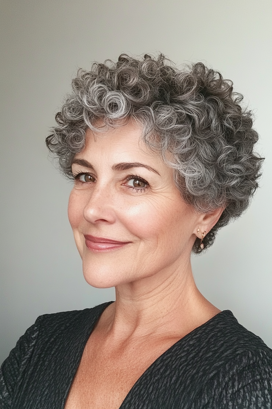2. Curly Pixie with Salt and Pepper Hues (Short Curly Haircuts For Older Women) - Short Curly Haircuts For Older Women