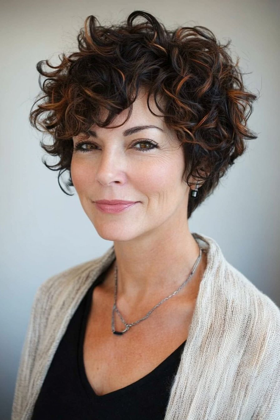 4. Asymmetrical Bob with Auburn Highlights (Short Curly Haircuts For Older Women) - Short Curly Haircuts For Older Women