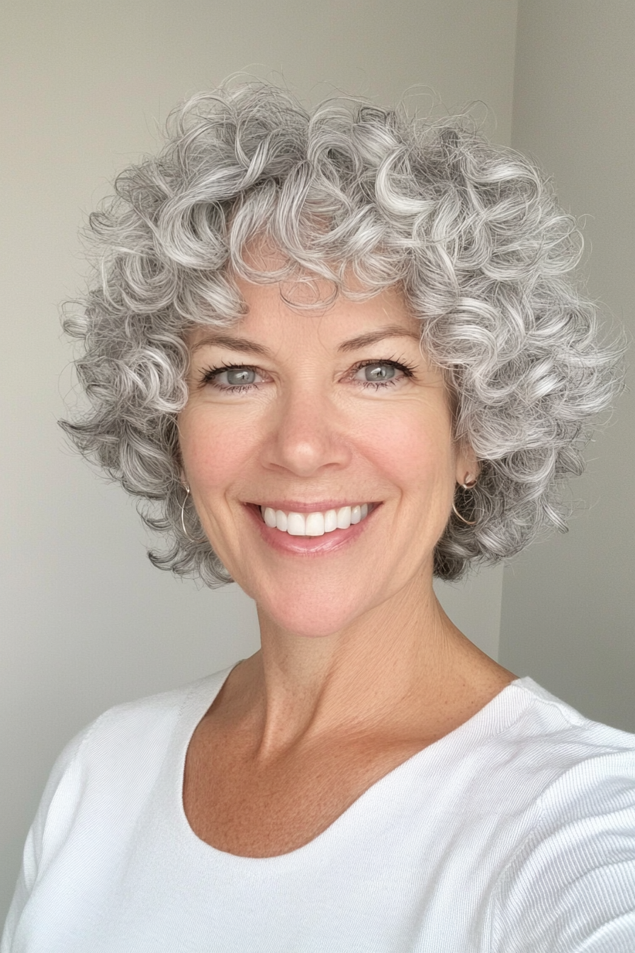 5. Curly Crop with Silver Accents (Short Curly Haircuts For Older Women) - Short Curly Haircuts For Older Women