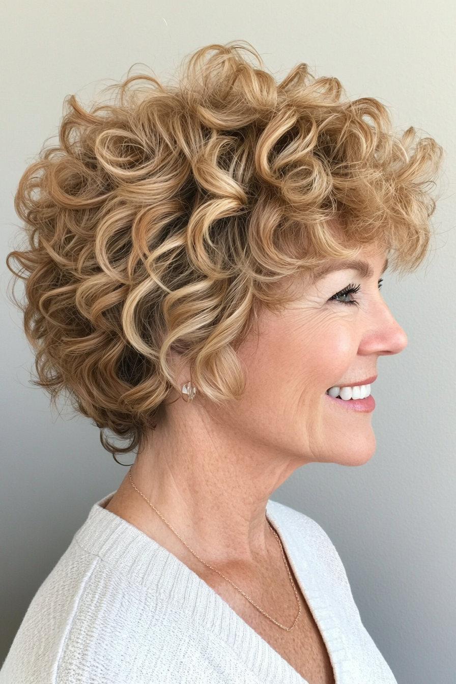 6. Tapered Cut with Warm Honey Blonde (Short Curly Haircuts For Older Women) - Short Curly Haircuts For Older Women