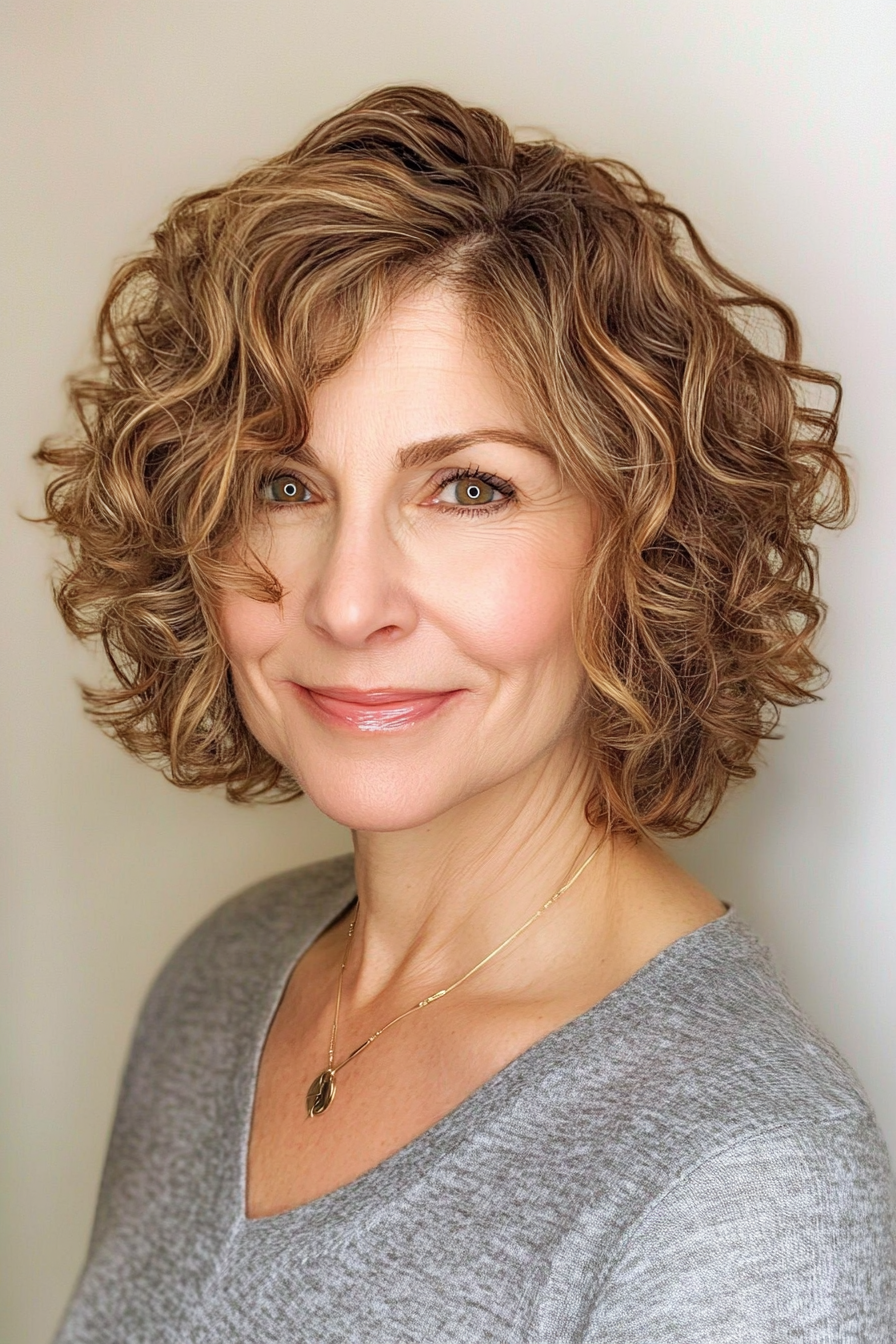 12. Angled Bob with Golden Brown (Short Curly Haircuts For Older Women) - Short Curly Haircuts For Older Women