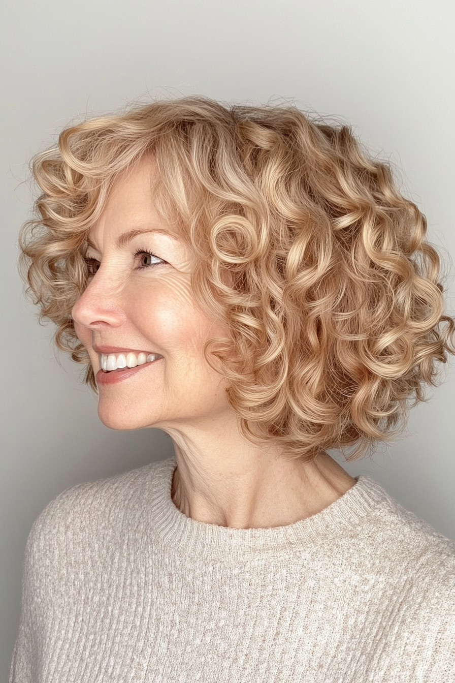 17. Curly Bob with Golden Blonde Tips (Short Curly Haircuts For Older Women) - Short Curly Haircuts For Older Women