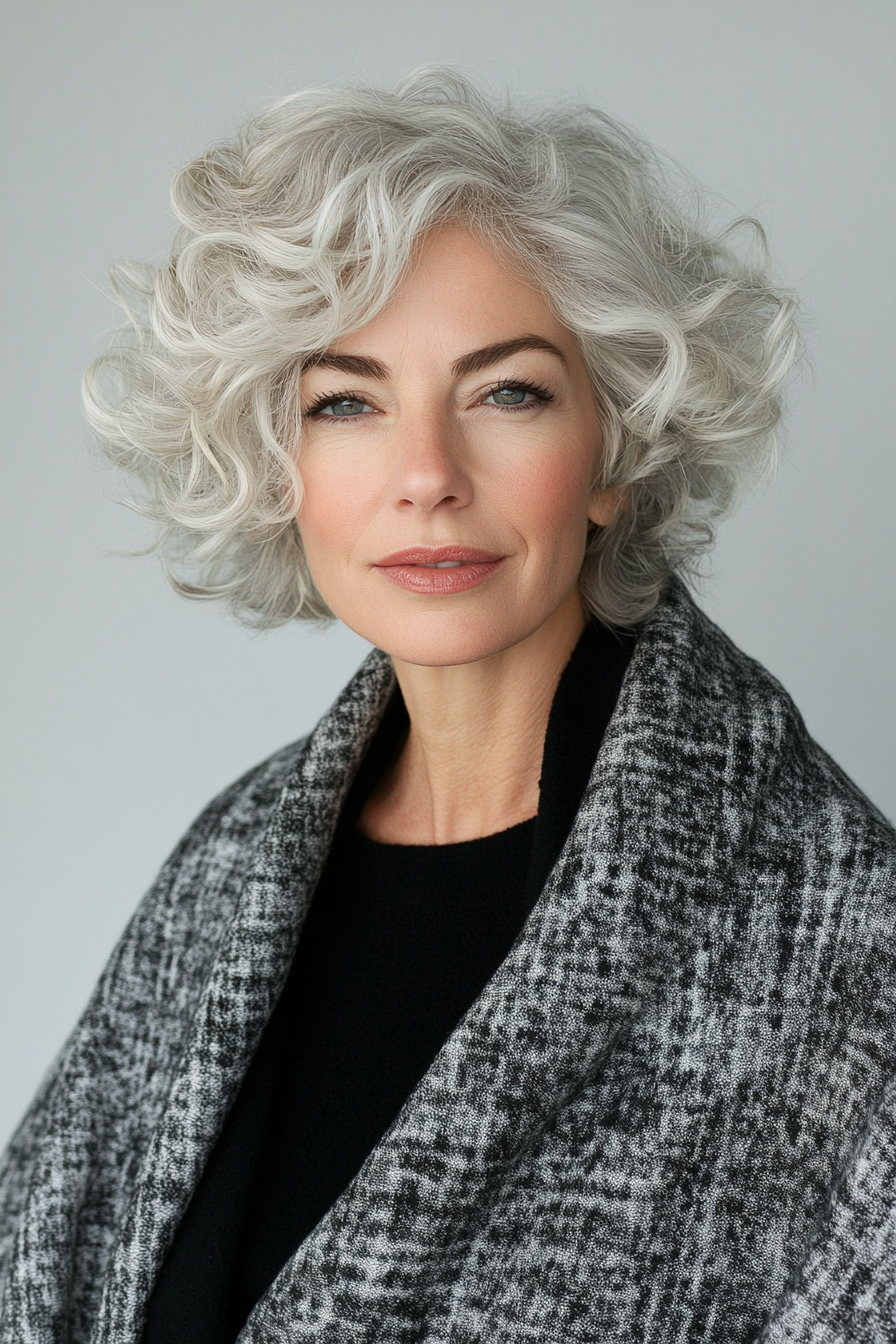 18. Side-Swept Crop with Silver Blonde (Short Curly Haircuts For Older Women) - Short Curly Haircuts For Older Women
