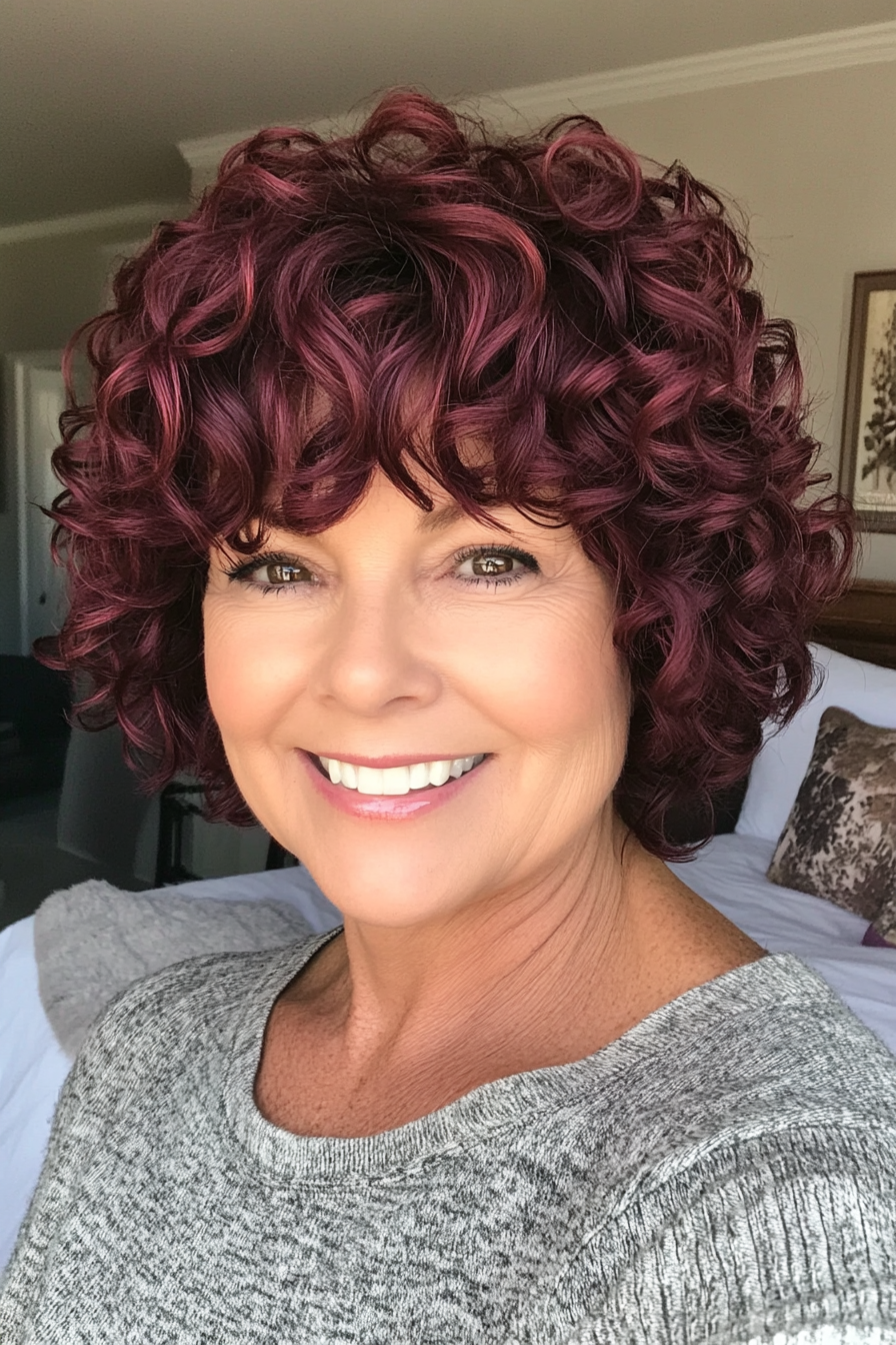 19. Soft Curls with Deep Burgundy (Short Curly Haircuts For Older Women) - Short Curly Haircuts For Older Women