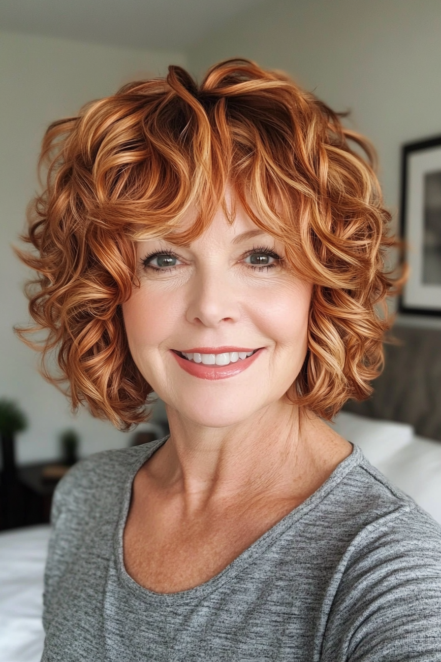 22. Layered Bob with Copper Highlights (Short Curly Haircuts For Older Women) - Short Curly Haircuts For Older Women