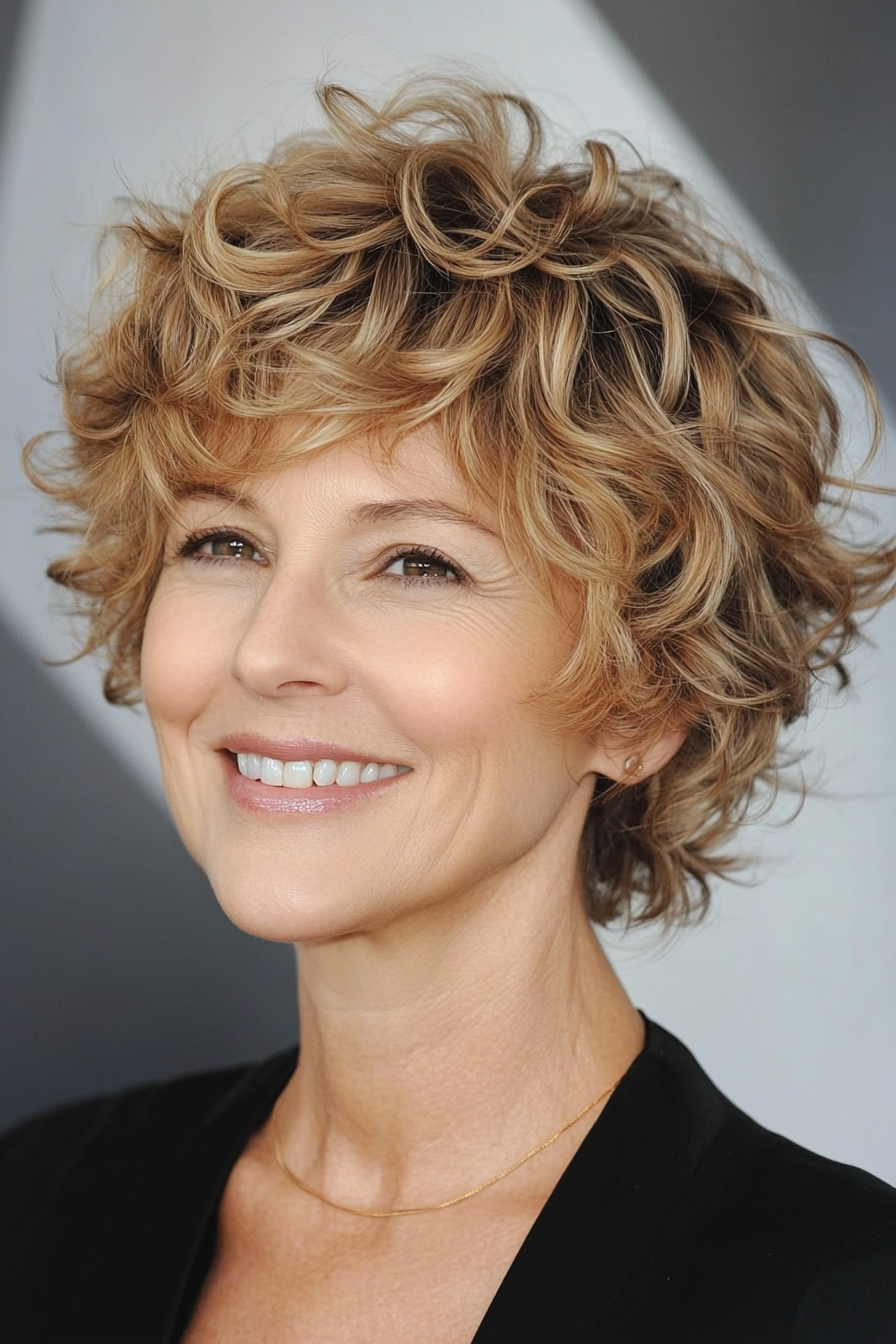 26. Messy Pixie with Light Brown (Short Curly Haircuts For Older Women) - Short Curly Haircuts For Older Women
