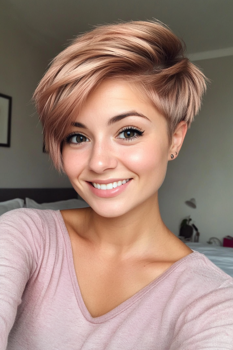 24. Muted Rose Gold Pixie Bob (Pixie Bob Haircut Ideas) - Pixie Bob Haircut Ideas